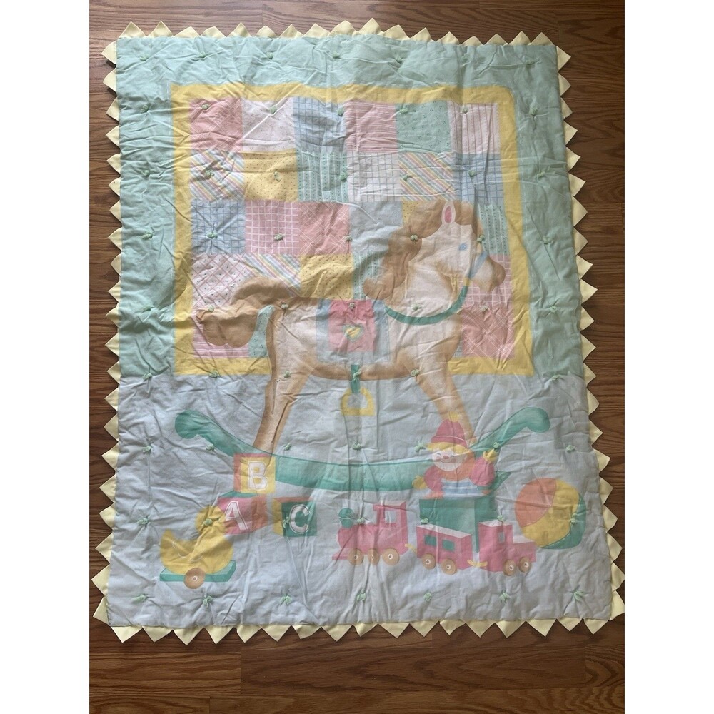 Vintage Baby Quilt Coverlet  Mint Green/Yellow Rocking Horse 31.5" x 40"